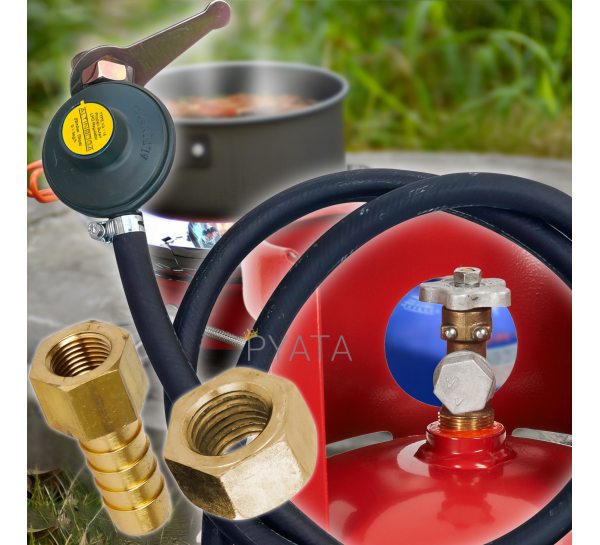 Комплект шланг + редуктор газовый для подключения газовой плиты к баллону с регулятором ALTINBOGA + гайка с левой резьбой и штуцер 9 мм