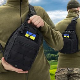Чоловіча нагрудна сумка через плече однолямковий рюкзак з прапором України 6л Чорна
