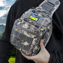 Мужская нагрудная сумка через плечо-однолямочный рюкзак с флагом Украины 6л Серый камуфляж