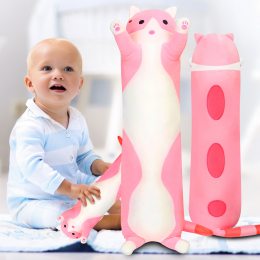 Мягкая детская плюшевая игрушка-подушка обнимашка длинный кот 50 см Розовый 