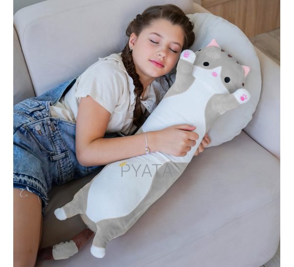 М'яка дитяча плюшева іграшка-подушка обіймашка довгий кіт 50 см Сірий