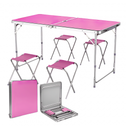 Раскладной туристический стол с 4 стульями для пикника/рыбалки 120х60 см, Розовый