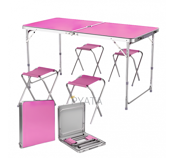 Раскладной туристический стол с 4 стульями для пикника/рыбалки 120х60 см, Розовый