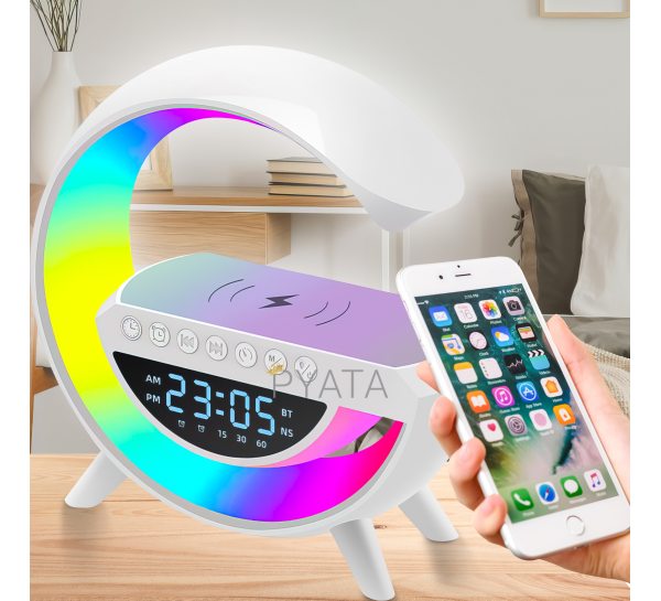 Багатофункціональний годинник-настільна лампа-нічник Bluetooth колонка 3в1 з бездротовою зарядкою RGB KP-3401 Rainbow (626)