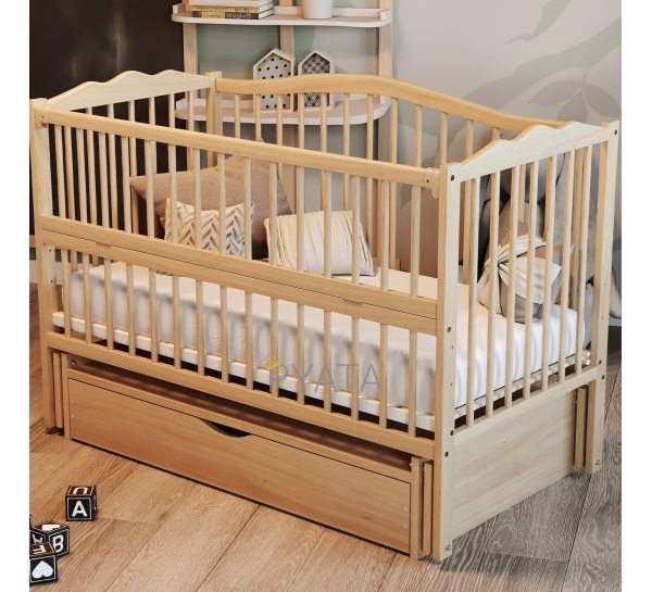 Дитяче дерев'яне ліжечко-люлька з поличкою та маятниковим механізмом Дубік-М Еліт Різьба Натуральний бук