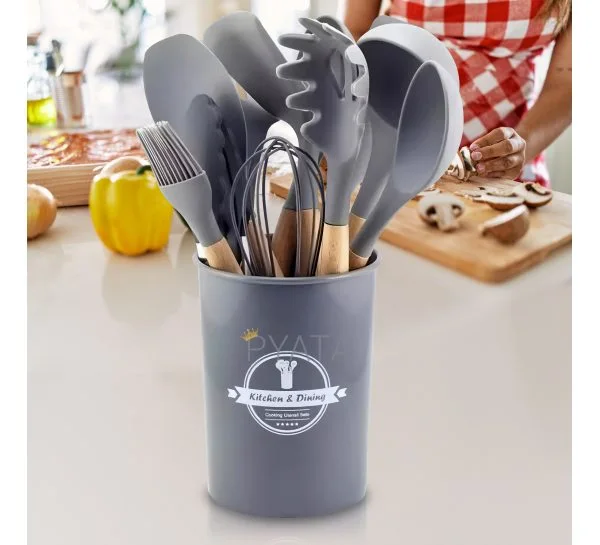 Набір кухонного приладдя із силікону та дерева з підставкою Kitchen Set 12 предметів Сірий (HA-50)
