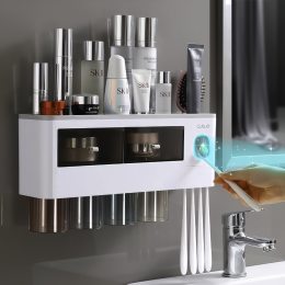 Многофункциональная диспенсер-полка в ванную для зубных принадлежностей с дозатором зубной пасты на стену c 4 стаканами Aswei A1910 (259)
