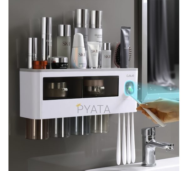 Багатофункціональна диспенсер-поличка у ванну для зубного приладдя з дозатором зубної пасти на стіну з 4 склянками Aswei A1910 (259)