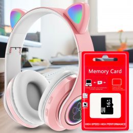 Беспроводные детские TWS bluetooth наушники с кошачьими ушками Cat VIV-23M Розовые + SD карта памяти 16 gb