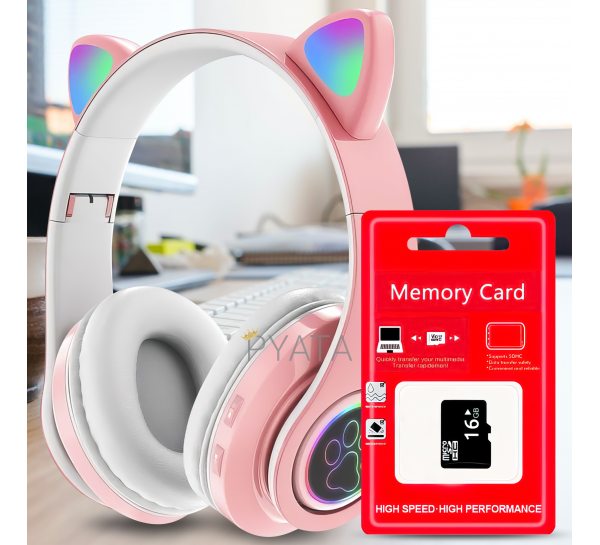 Бездротові дитячі TWS bluetooth навушники з котячими вушками Cat VIV-23M Рожеві + SD карта пам'яті 16 gb