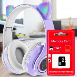Беспроводные детские TWS bluetooth наушники с кошачьими ушками Cat VIV-23M Фиолетовый + SD карта памяти 16 gb
