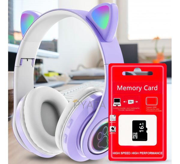 Бездротові дитячі TWS bluetooth навушники з котячими вушками Cat STN-28 Фіолетові + SD карта пам'яті 16 gb