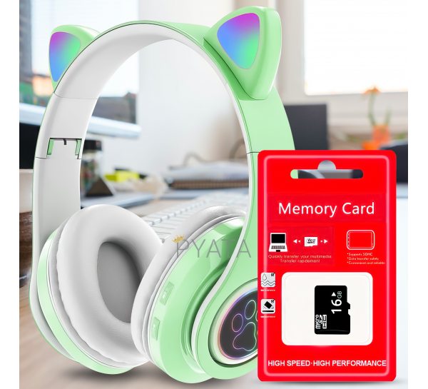 Бездротові дитячі TWS bluetooth навушники з котячими вушками Cat VIV-23M зелені + SD карта пам'яті 16 gb