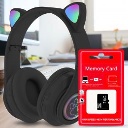 Беспроводные детские TWS bluetooth наушники с кошачьими ушками Cat VIV-23M Черные + SD карта памяти 16 gb