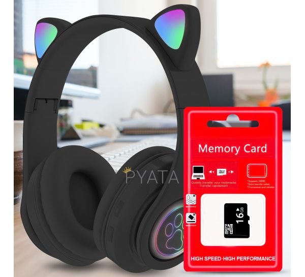 Беспроводные детские TWS bluetooth наушники с кошачьими ушками Cat VIV-23M Черные + SD карта памяти 16 gb