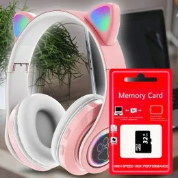 Бездротові дитячі TWS bluetooth навушники з котячими вушками Cat VIV-23M Рожеві + SD карта пам'яті 32 gb