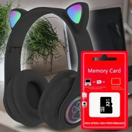 Бездротові дитячі TWS bluetooth навушники з котячими вушками Cat VIV-23M Чорні + SD карта пам'яті 32 gb