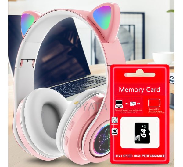 Бездротові дитячі TWS bluetooth навушники з котячими вушками Cat VIV-23M Рожеві + SD карта пам'яті 64 gb
