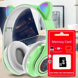 Бездротові дитячі TWS bluetooth навушники з котячими вушками Cat VIV-23M Зелені + SD карта пам'яті 64 gb