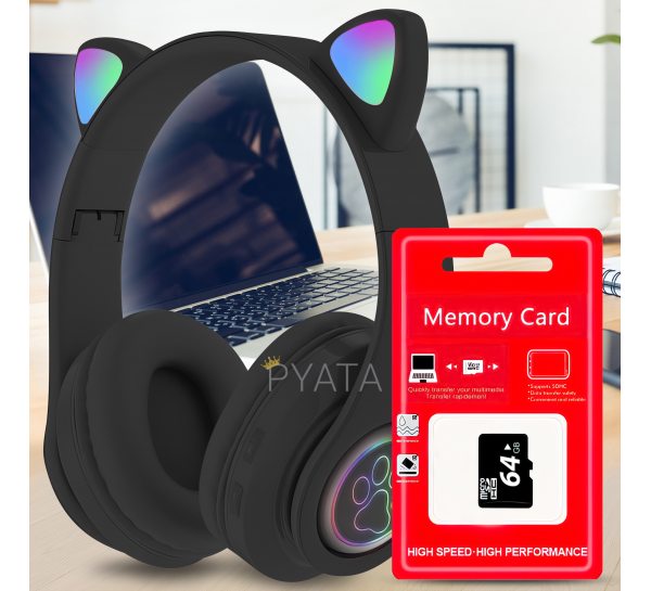 Беспроводные детские TWS bluetooth наушники с кошачьими ушками Cat VIV-23M Черные + SD карта памяти 64 gb