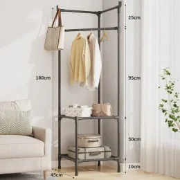 Двоповерхова металева кутова стійка-стелаж з поперечиною для вішалок Coat rack YH6606-2122F2 Чорний (AMN)
