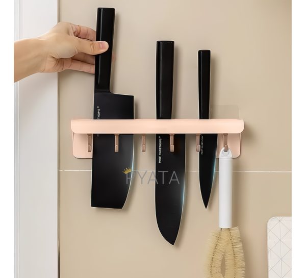 Настінна самоклеюча підставка-органайзер для ножів та кухонних приладів на гачках Бежевий (205)