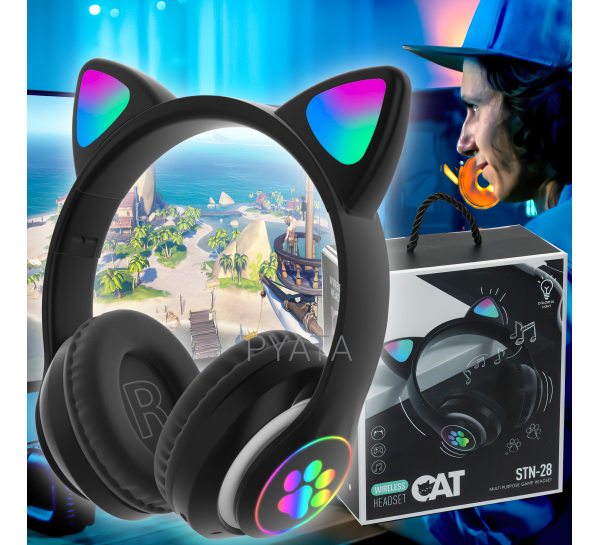 Бездротові портативні bluetooth TWS навушники з котячими вушками Cat STN-28 Чорні