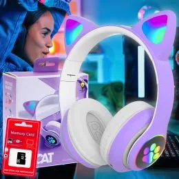 Беспроводные портативные bluetooth TWS наушники с кошачьими ушками Cat STN-28 + SD карта памяти 32 Гб Фиолетовые