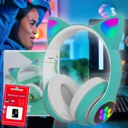 Беспроводные портативные bluetooth TWS наушники с кошачьими ушками Cat STN-28+SD карта памяти 32 Гб Бирюзовые