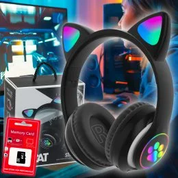 Беспроводные портативные bluetooth TWS наушники с кошачьими ушками Cat STN-28 + SD карта памяти 64 Гб Черные
