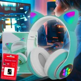 Беспроводные портативные bluetooth TWS наушники с кошачьими ушками Cat STN-28 + SD карта памяти 64 Гб Бирюзовые
