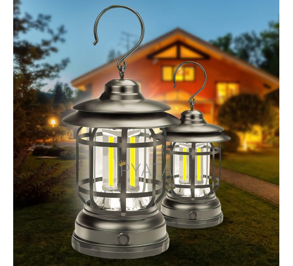 Кемпінговий акумуляторний світлодіодний лампа-ліхтар із гачком у ретро стилі Camping Lamp (S-27) Сірий