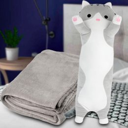 Мягкая игрушка подушка длинный кот Серый 60 см + плед 110/160см EL-2117-24/237