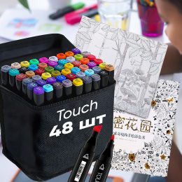 Набор двусторонних скетч маркеров фломастеров для рисования Touch 48 штуки в сумке-чехле + антистресс альбом-раскраска 50 листов 