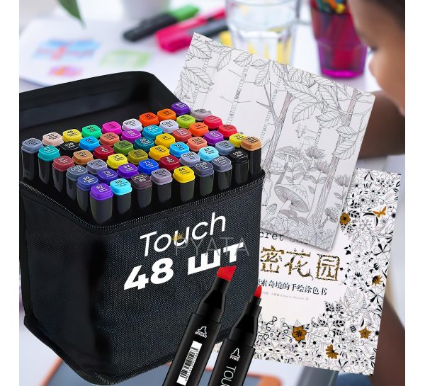 Набір двосторонніх скетч маркерів фломастерів для малювання Touch 48 штуки в сумці-чохлі + антистрес альбом-розмальовка 50 аркушів