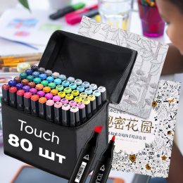 Набор двусторонних скетч маркеров фломастеров для рисования Touch 80 штук в сумке-чехле + антистресс альбом-раскраска 50 листов 
