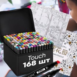 Набор двусторонних скетч маркеров фломастеров для рисования Touch 168 штук в сумке-чехле + антистресс альбом-раскраска 50 листов 