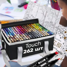 Набор двусторонних скетч маркеров фломастеров для рисования Touch 262 штуки в сумке-чехле + антистресс альбом-раскраска 50 листов 