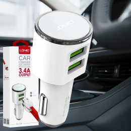 Портативное автомобильное зарядное устройство от прикуривателя автомобиля MC АЗУ LDNIO 2USB 3.4A + шнур Lightning White (DL-C29)