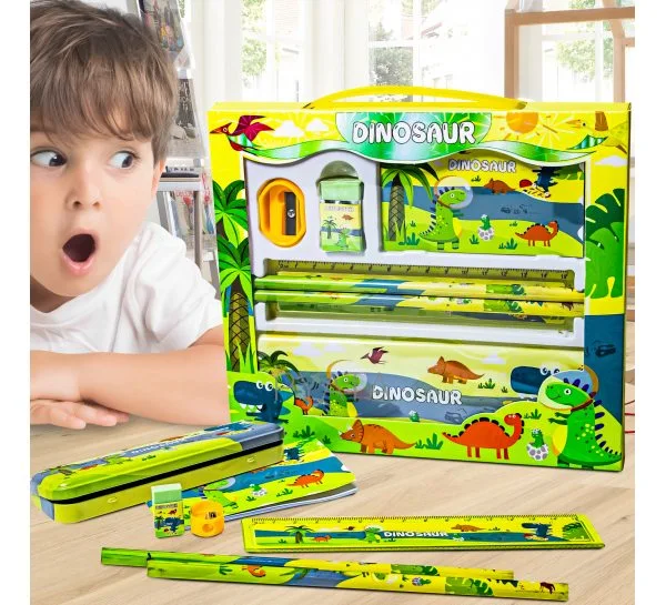 Детский канцелярский школьный набор с футляром Stationery Set Animal World 6 в 1 8002 Зеленый (SD)