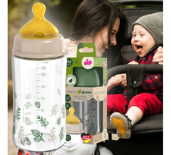 Дитяча скляна пляшечка для годування дитини з широкою горловиною та латексоною соскою 240мл NIP "Вишенька Зелена Серія" "Д" (35112) (SB)