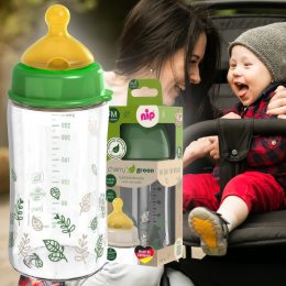 Детская стеклянная бутылочка для кормления ребенка с широкой горловиной и латексоной соской 240мл NIP "Вишенька Зелена Серия" "X" (35118) (SB)