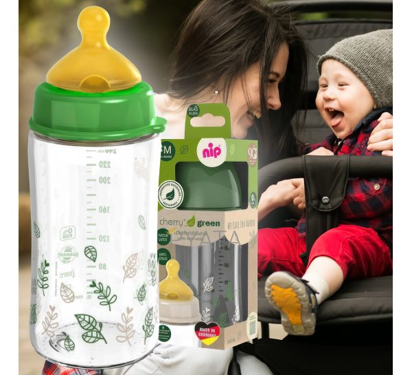 Дитяча скляна пляшечка для годування дитини з широкою горловиною та латексоною соскою 240мл NIP "Вишенька Зелена Серія" "X" (35118) (SB)