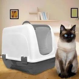Кошачий лоток "Домик" закрытого типа, бело-серый/2339
