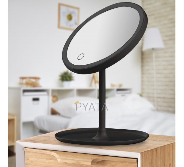 Настольное зеркало настольное с  LED подсветкой для макияжа круглое Черное