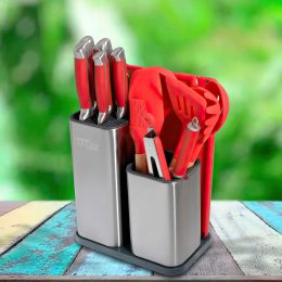 Ножи + кухонная утварь на подставке Zepline ZP 047 (17 предметов) Красный/575
