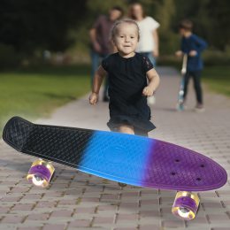 Детский скейтборд Пенни Борд (Penny Board) со светящимися колесами до 80 кг Черно-Голубо-Фиолетовый