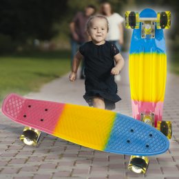 Детский скейтборд Пенни Борд (Penny Board) со светящимися колесами до 80 кг Розово-Желто-Голубой