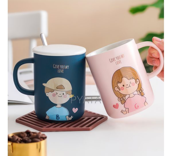 Подарочный набор из двух керамических чашек с рисунком 0222 Розовая, Синяя (WAN)