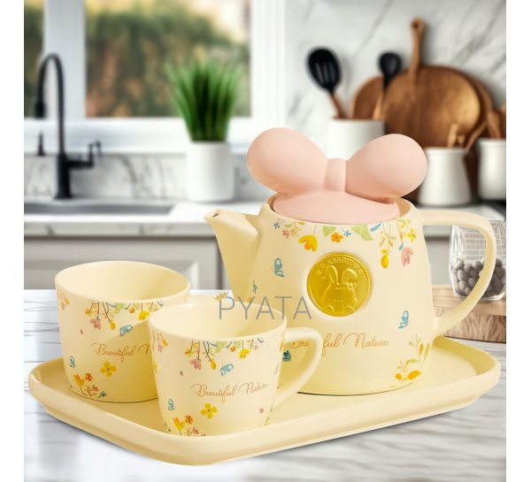 Керамічний чайний набір із двох чашок та чайник 0213 Рожевий бант (WAN)